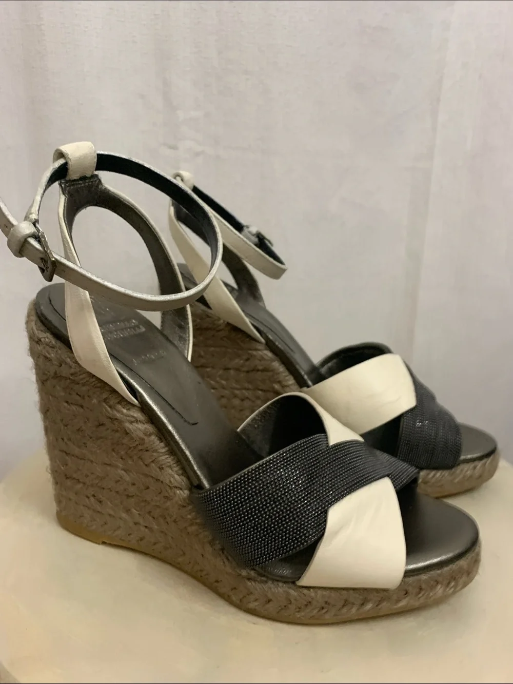 Brunello Cucinelli Espadrille Wedge Platform Crisscross Leather Monilli Beads
